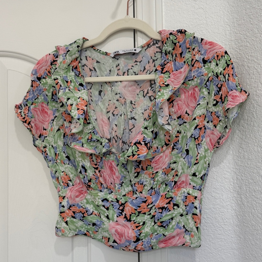 Zara Floral Ruffle Blouse - Pink and Green